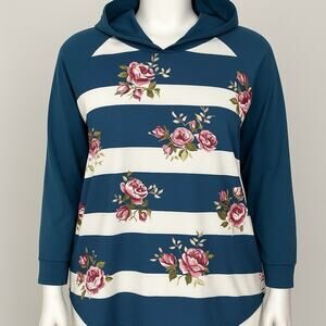 Emerald 2X Plus Women’s Hoodie Tunic Top Floral Striped Long Sleeve Casual USA